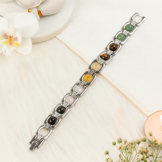 Metal Dhan Yog Bracelet - Silver with colorful gemstones on marble