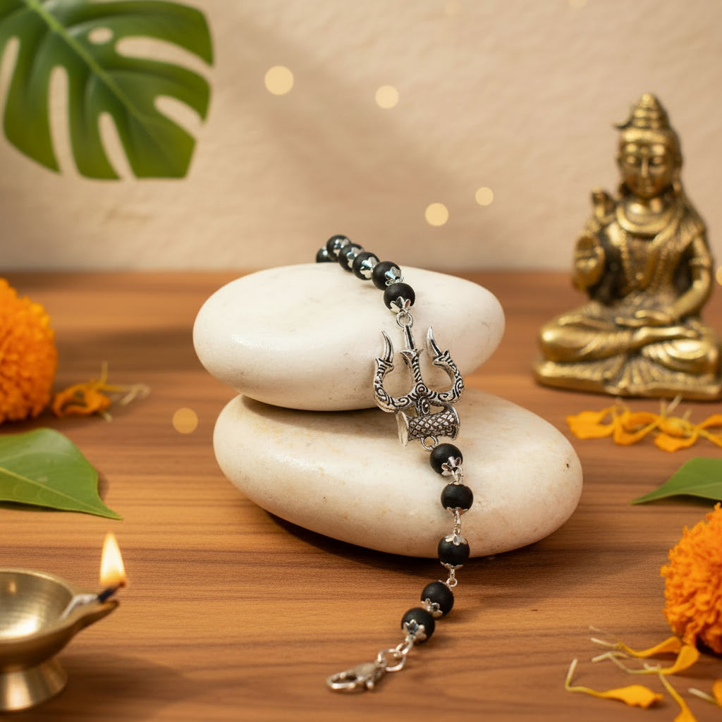 Karungali Trishul Bracelet – Golden Shiv Murti in Background