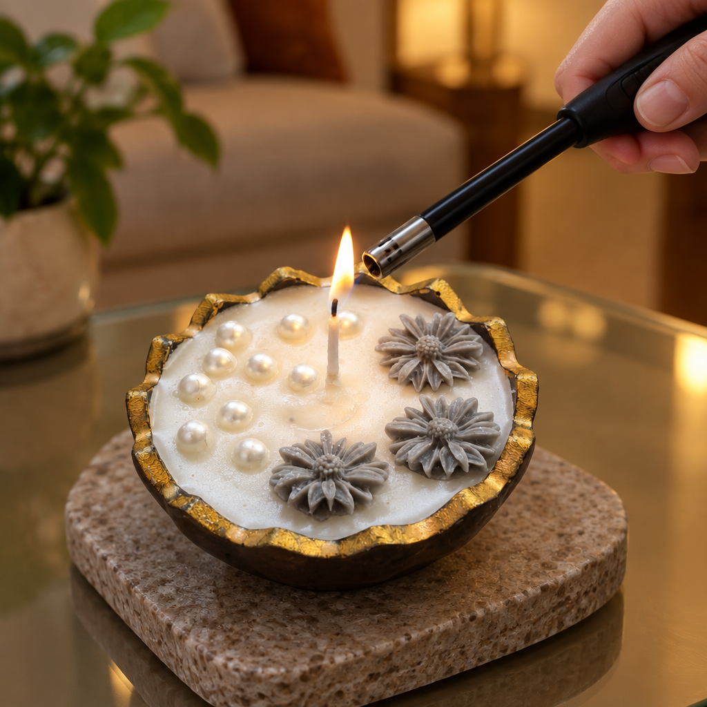Lighting the candle with a long-reach lighter