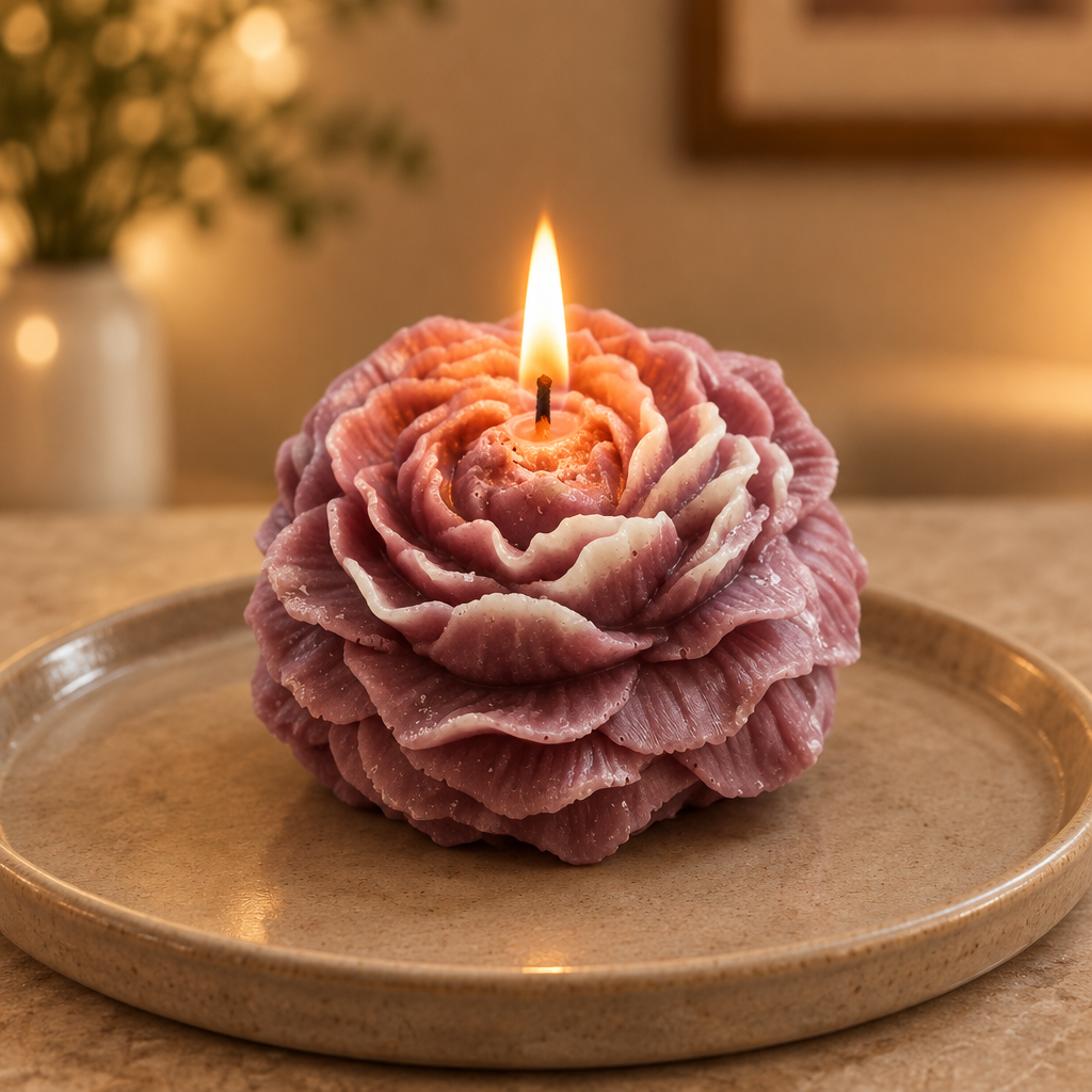 Lit Purple Rose Candle