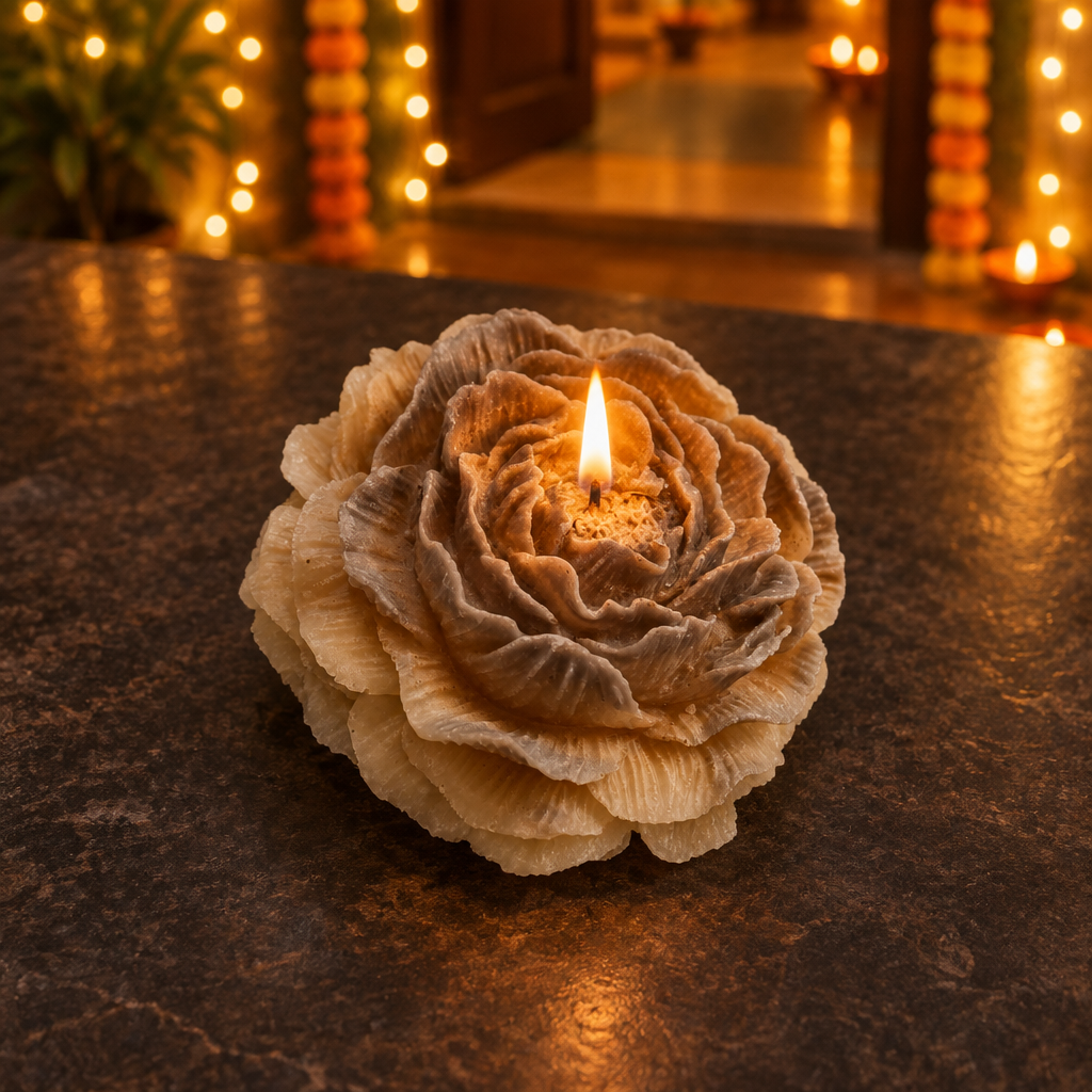 Lit rose candle in a warm festive evening setting