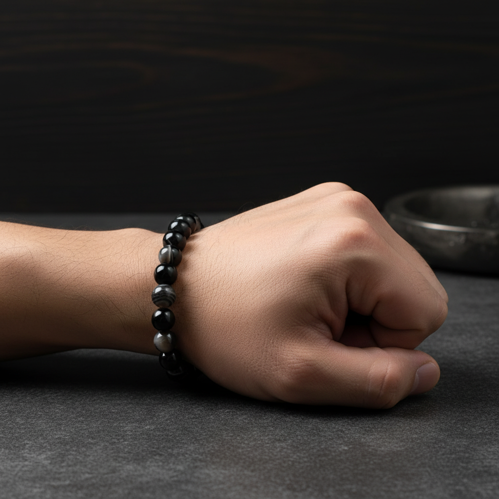 Man wearing Black Agate Bracelet - wrist shot