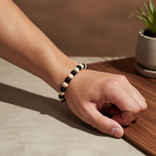 Man wearing Black Onyx and Wood bracelet - wrist shot