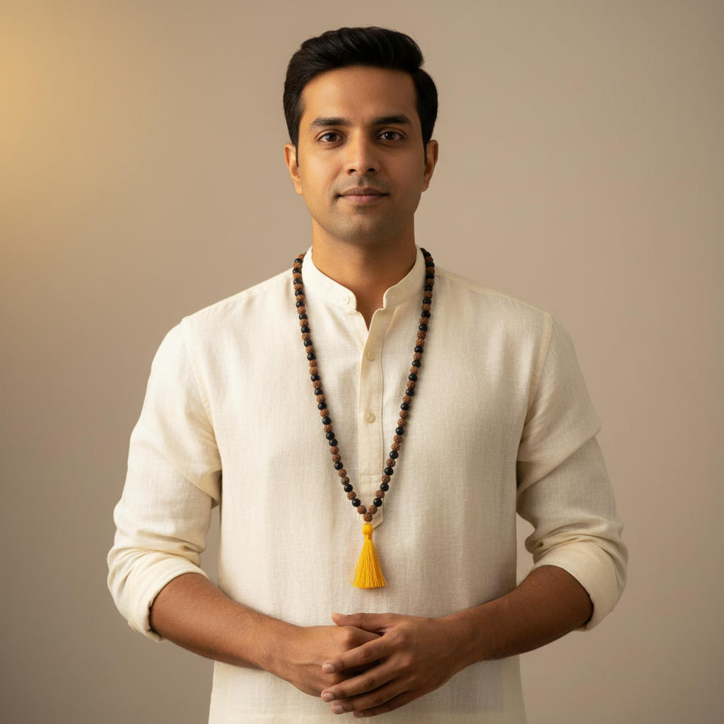 Man Wearing Divya Raksha Mala - Small Beads