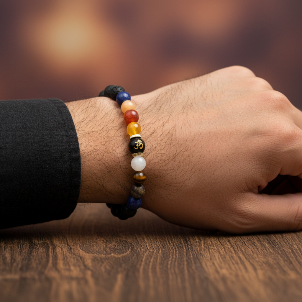 Man wearing Energised Navgrah Shanti Bracelet - wrist shot
