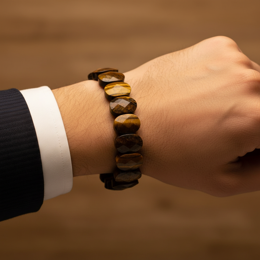 Man wearing faceted Tiger Eye bracelet - wrist shot