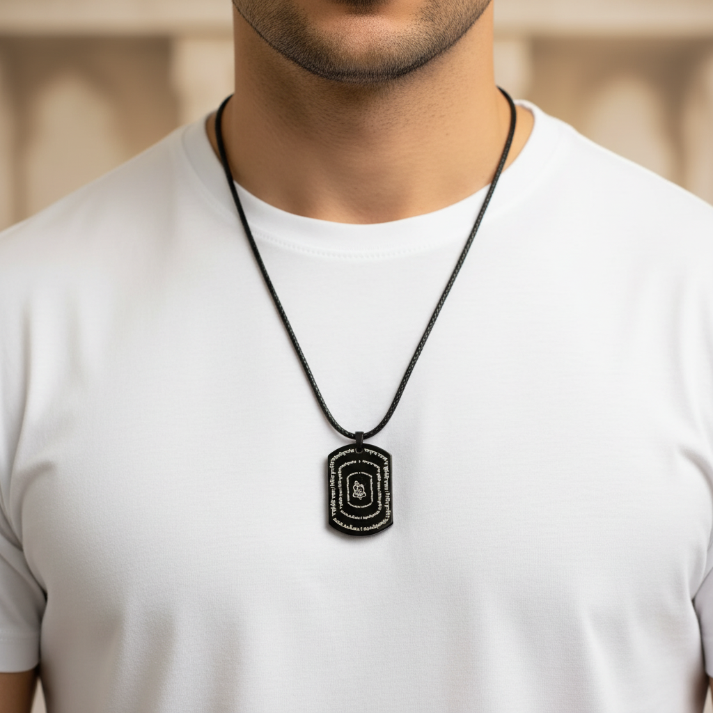 Man wearing Ganesha Kavach with white shirt - neck focused shot
