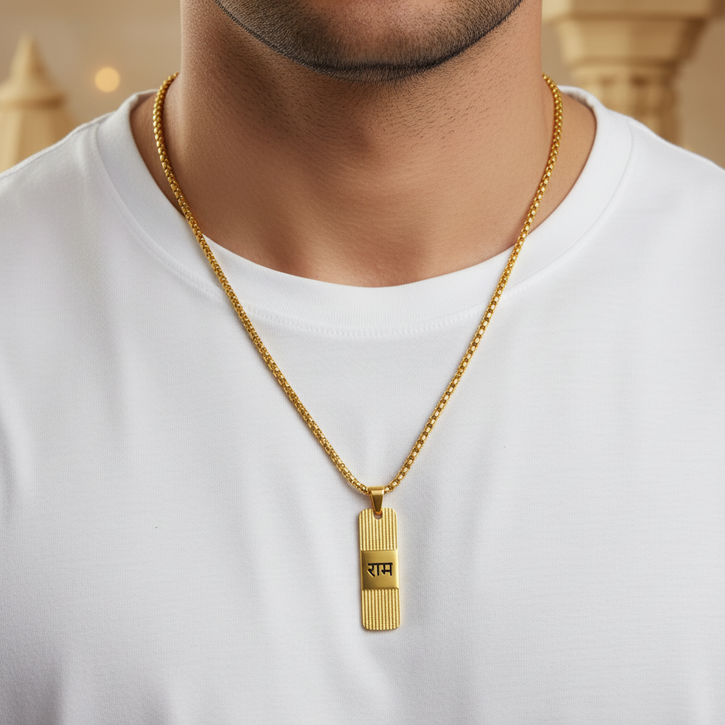 Man wearing Gold Plated Shree Ram Kavach with white shirt - neck focused shot