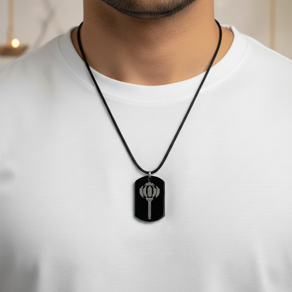 Man wearing Hanuman Ji Gada Kavach with white shirt - neck focused shot
