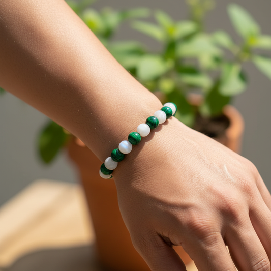 Man wearing Malachite and Moonstone bracelet - wrist shot