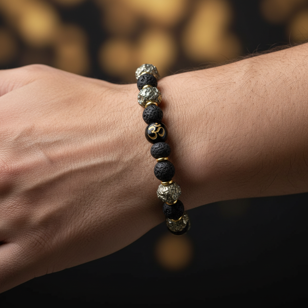 Man wearing Metal Raw Pyrite Bracelet - Gold - wrist shot