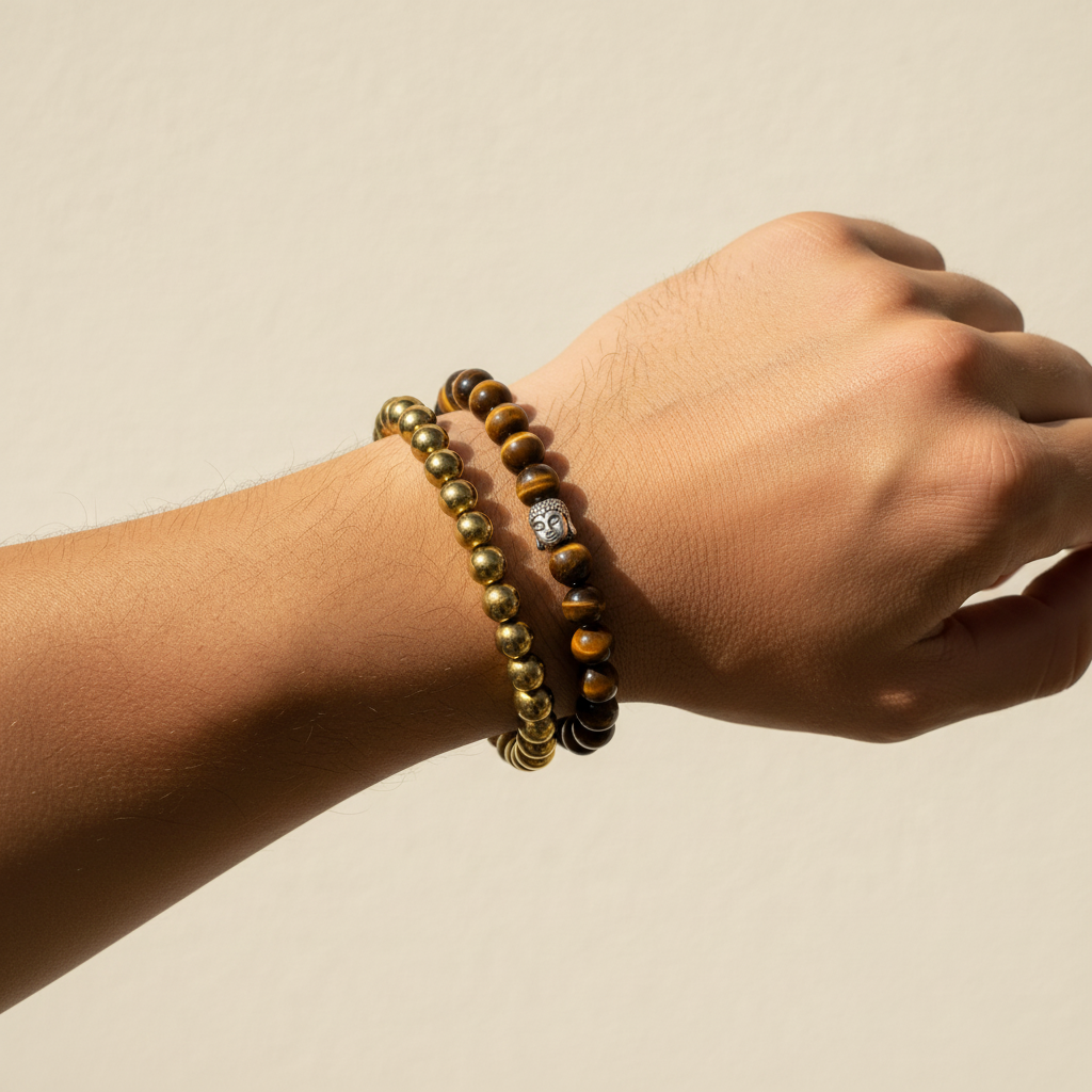 Man Wearing Money & Focus Combo Bracelets - Wrist Close-Up
