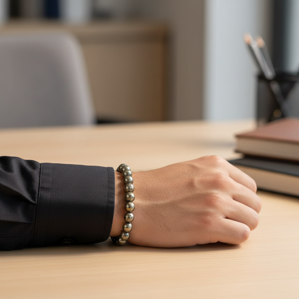 Man Wearing Pyrite Bracelet - Wrist Close-Up