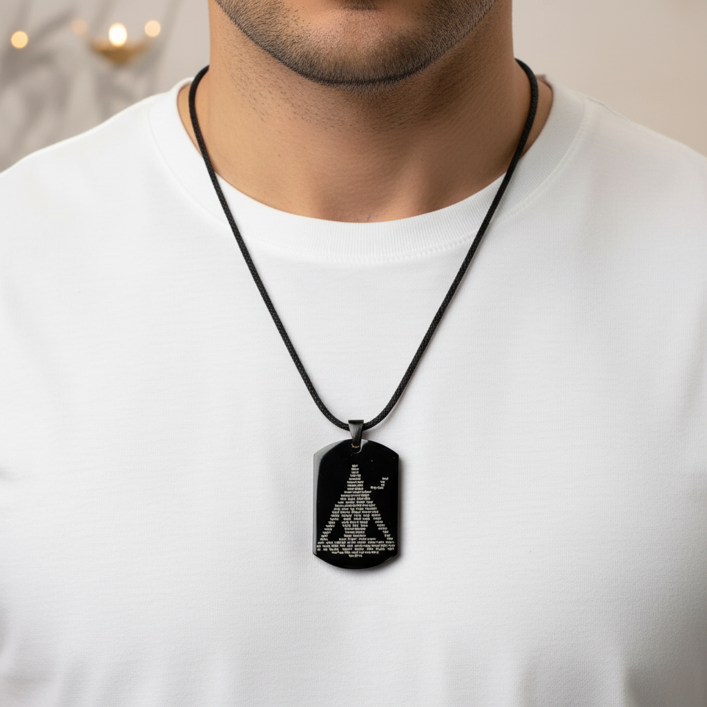 Man wearing Shiv Ji Kavach with white shirt - neck focused shot