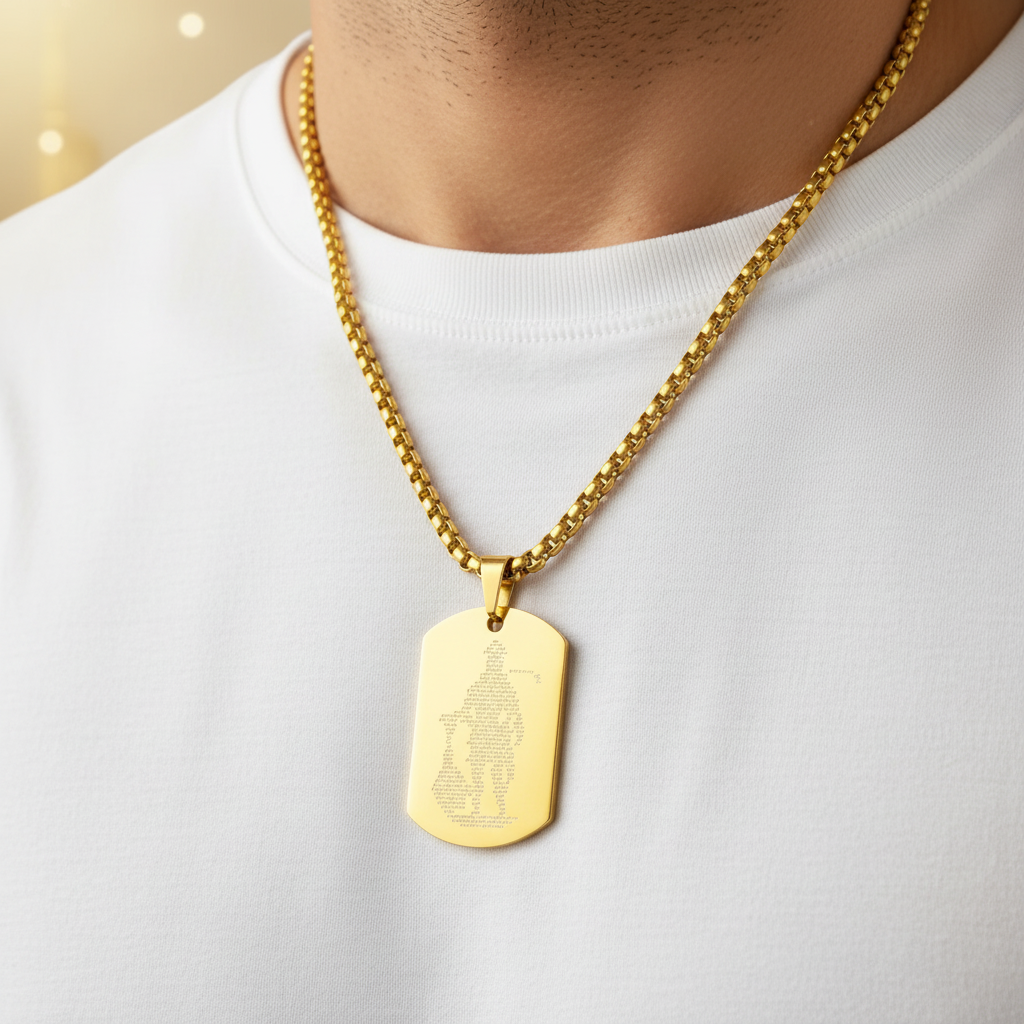 Man wearing Shree Hanuman Chalisa Pendant Gold with white shirt - neck focused shot
