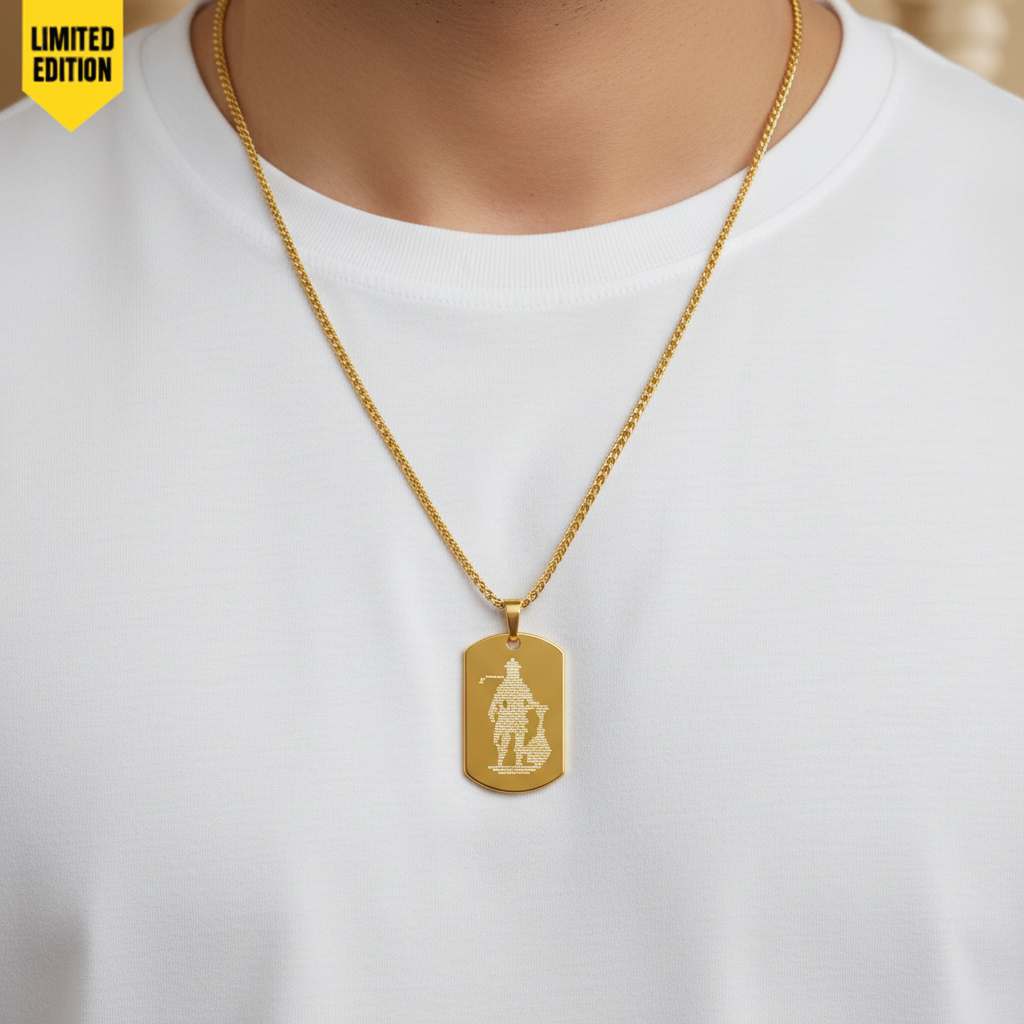 Man wearing Siddh Hanuman Chalisa Kavach (Gold) - LIMITED EDITION with white shirt - neck focused shot