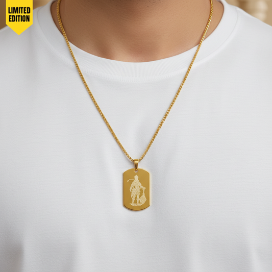 Man wearing Siddh Hanuman Chalisa Kavach (Gold) - LIMITED EDITION with white shirt - neck focused shot