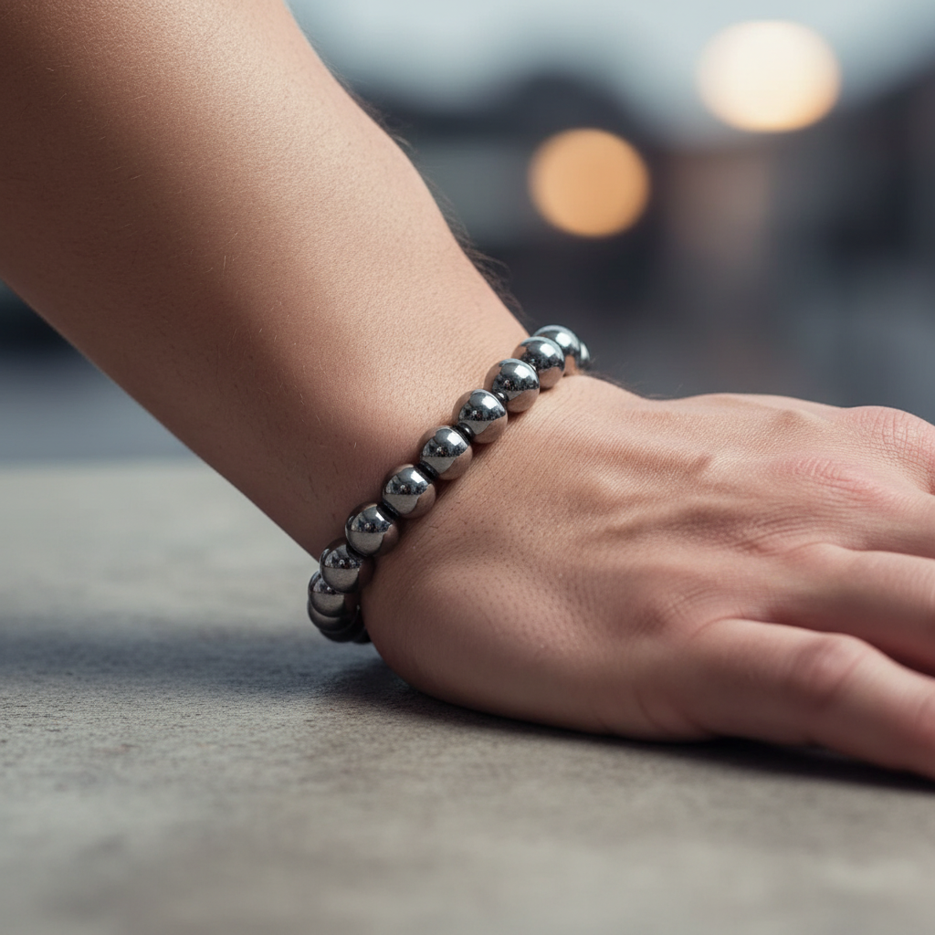 Man wearing silver hematite bracelet - wrist shot