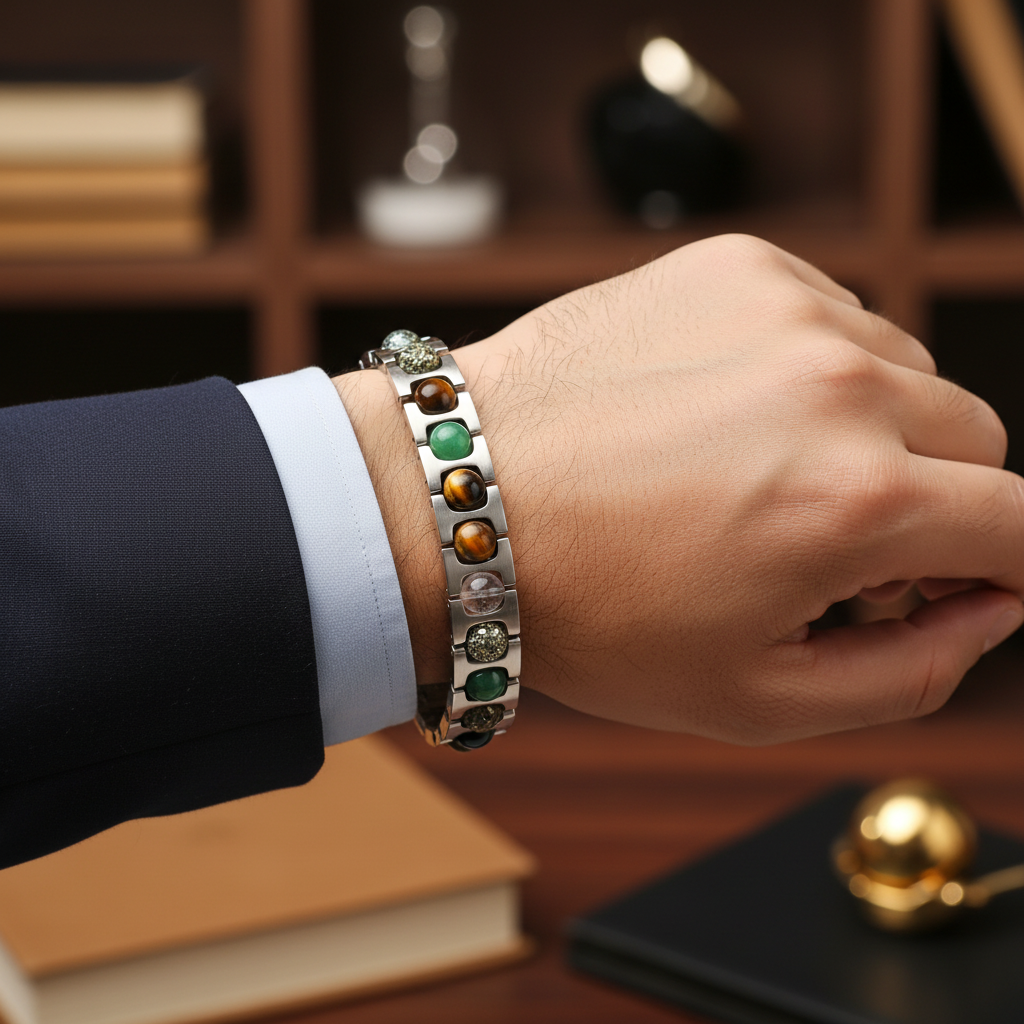 Man wearing single Metal Dhan Yog bracelet