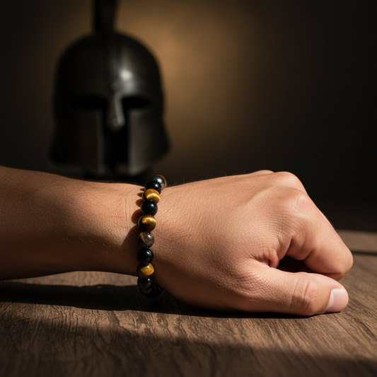 Man wearing Tiger Eye, Black Onyx, and Hematite bracelet - wrist shot