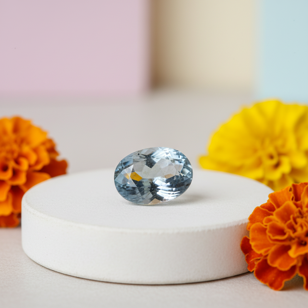 Peetambari Neelam Bi-colour Sapphire - Luxury Advertisement with Marigolds