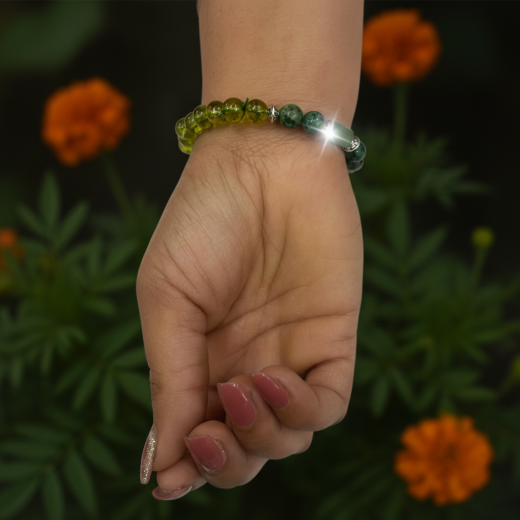 Peridot and Green Aventurine Bracelet on Hand with Green Leaf Background - Close-up Premium