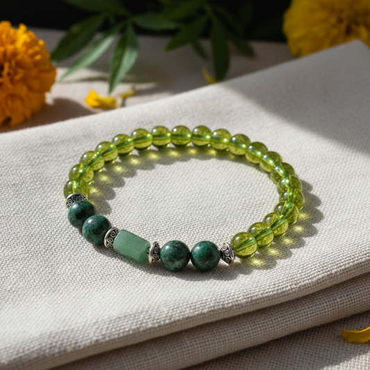 Peridot and Green Aventurine Bracelet with Green Leaf Background - Close-up Premium