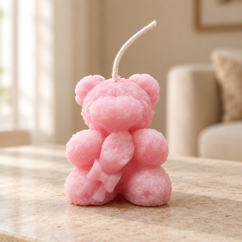 Pink teddy candle in a home décor setting