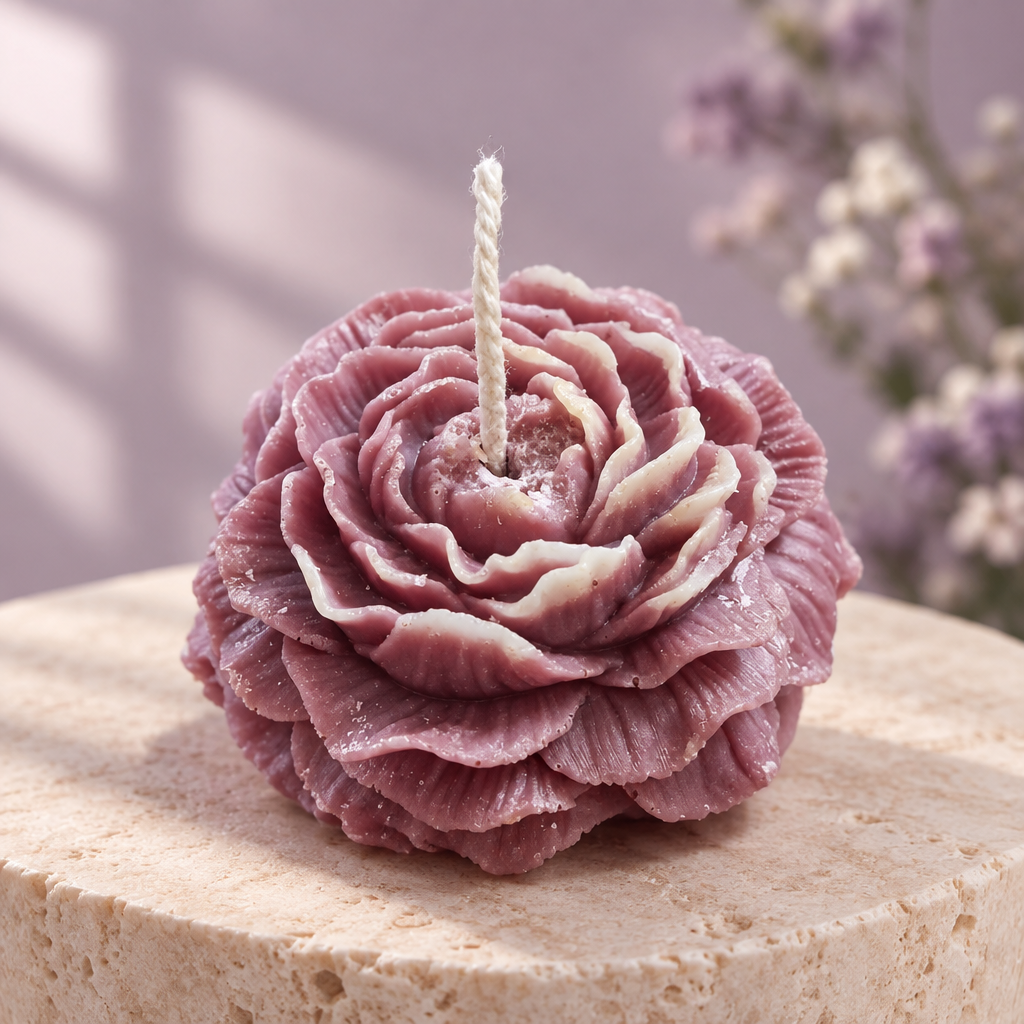 Purple Rose Candle on a stone pedestal with lavender background