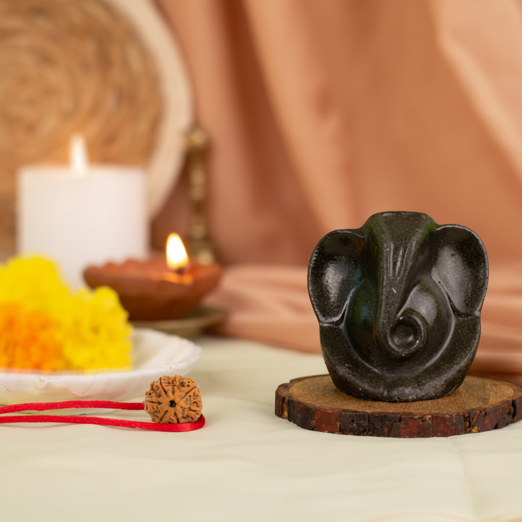 Pyrite Ganesh Ji Murti with 7 Mukhi Rudraksha - Aesthetic