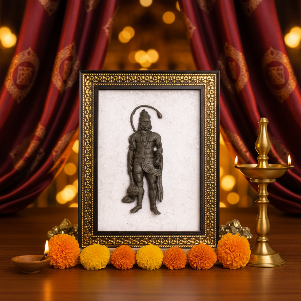 Pyrite Hanuman Ji on Selenite Frame - Premium Background