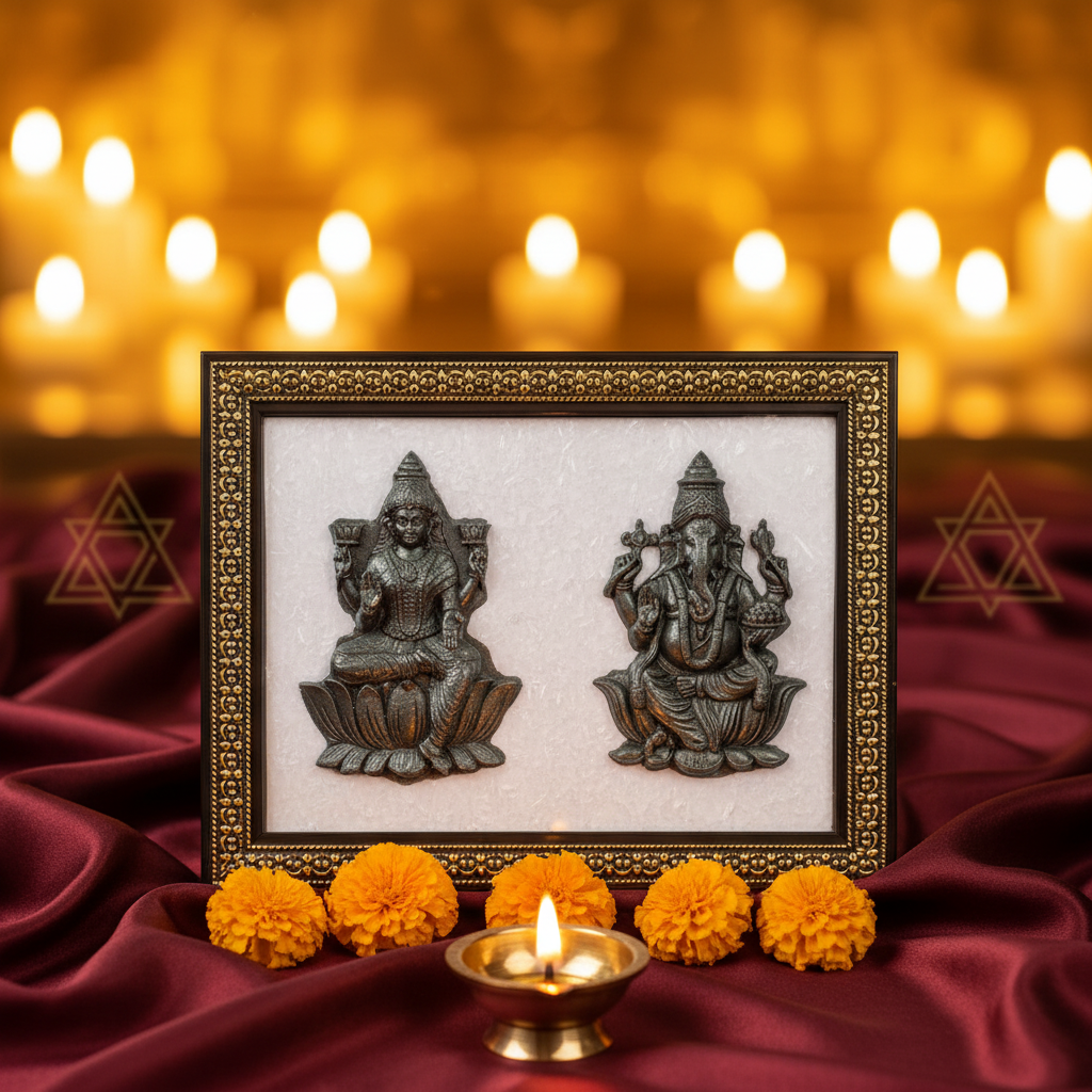 Pyrite Lakshmi-Ganesh Ji on Selenite Frame - Premium Background