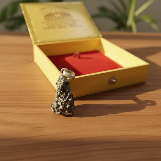 Pyrite Pendant Side View with Box – Lifestyle Shot 1