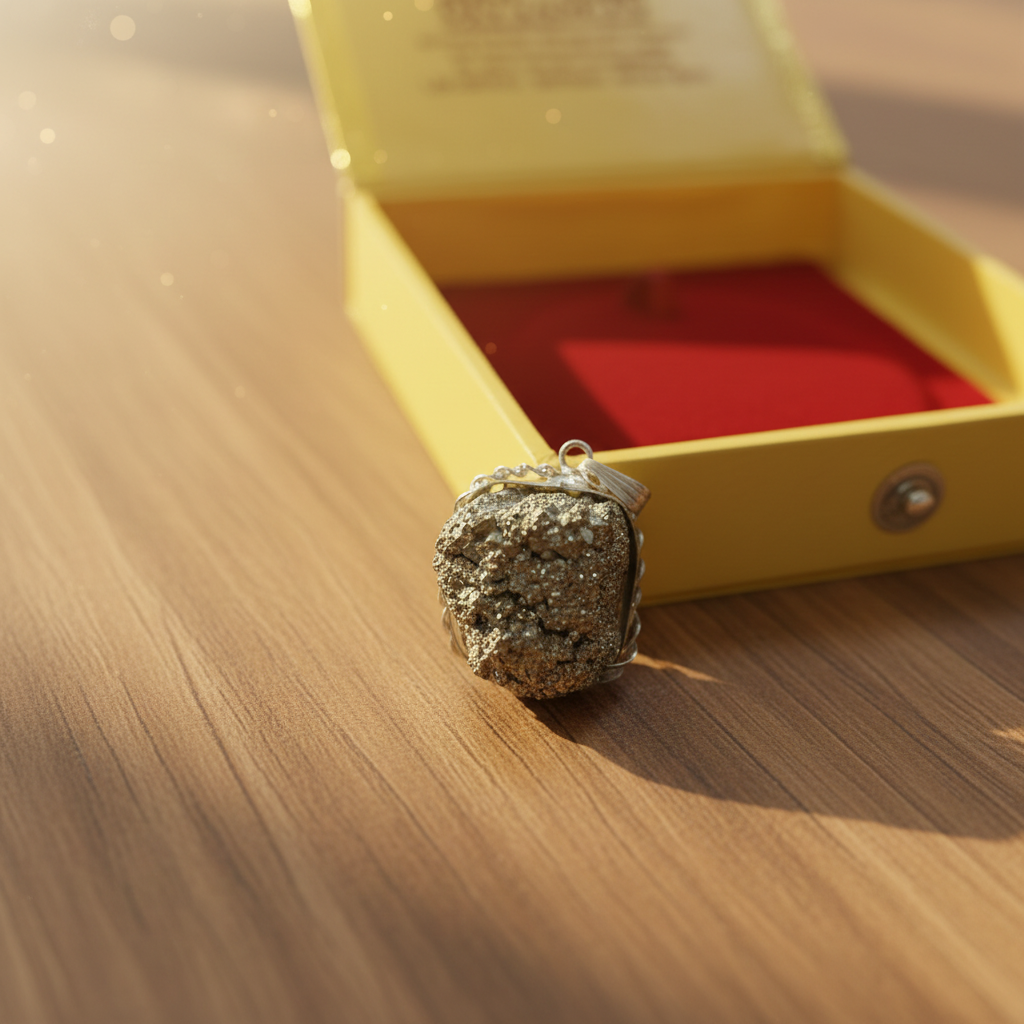 Pyrite Pendant Standing with Box – Lifestyle Shot 3