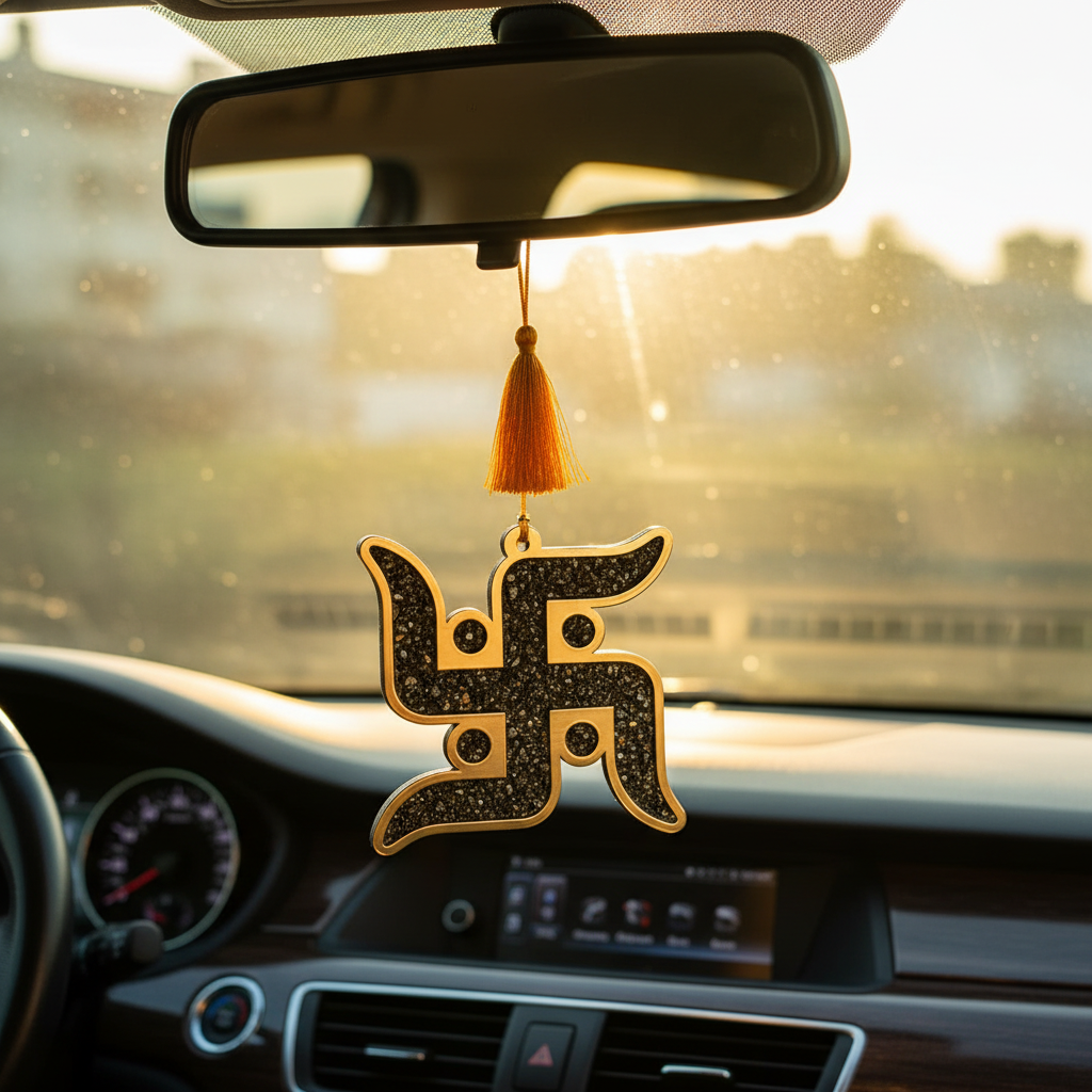 Pyrite Swastik Car Mirror Sparkling