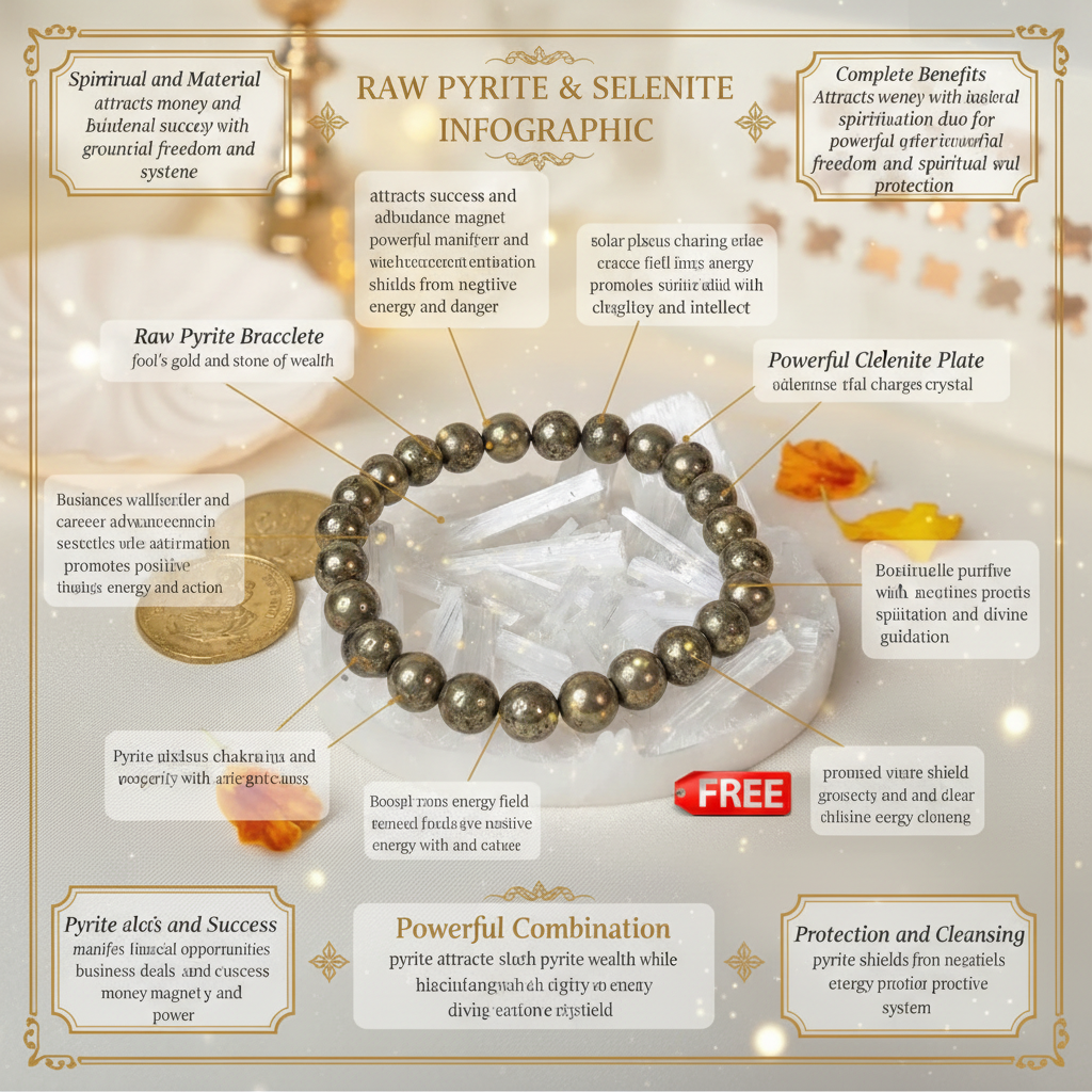 Raw Pyrite bracelet with FREE Raw Selenite Plate benefits
