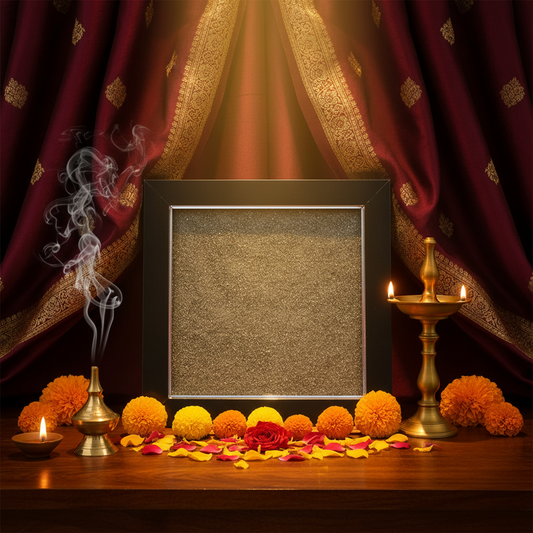 Raw Pyrite Dust Frame with aesthetic temple background
