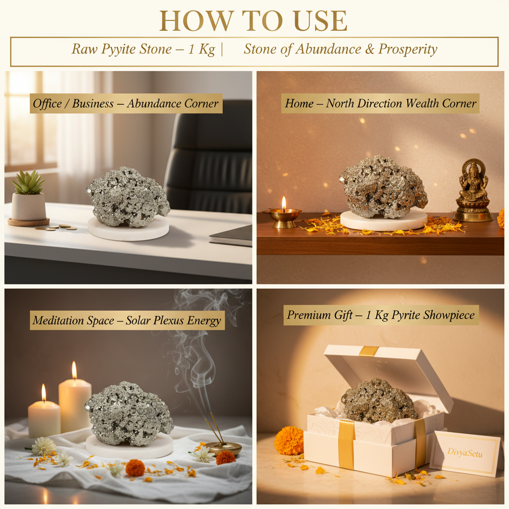 Raw Pyrite Stone 1 Kg – "How to Use" Premium Lifestyle Collage
