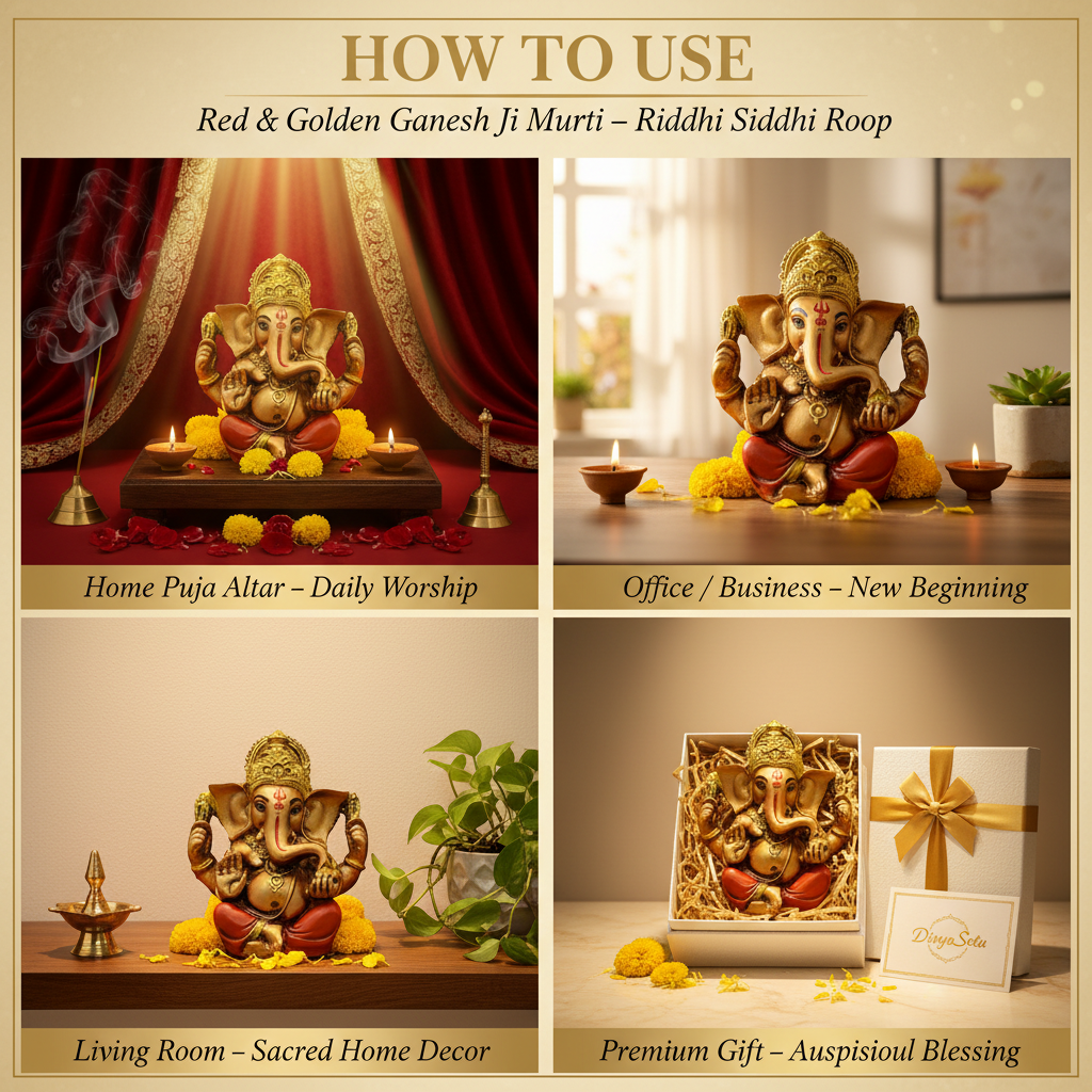 Red & Golden Ganesh Ji Murti – "How to Use" Premium Lifestyle Collage