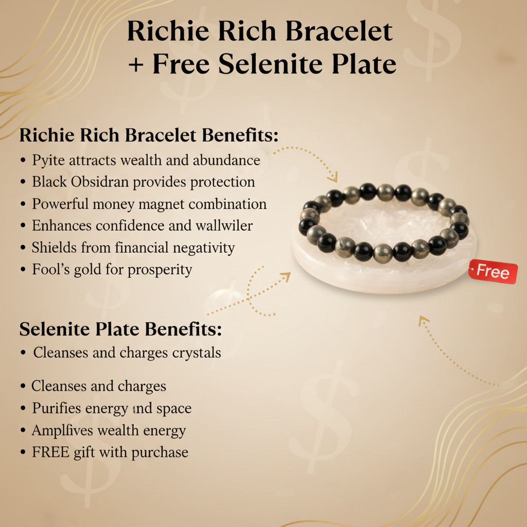 Richie Rich Bracelet + Free Raw Selenite Plate Benefits