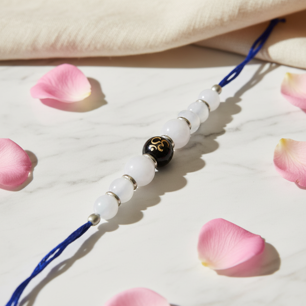 Rose Quartz OM Rakhi - BG Changed with Rose Petals