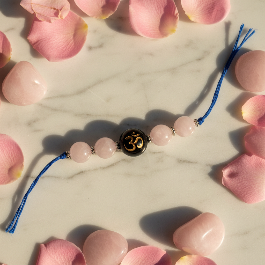 Rose Quartz OM Rakhi with Polished Stones & Rose Petals