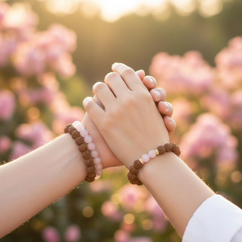 Rose Quartz Rudraksha Bracelet – Holding Hands