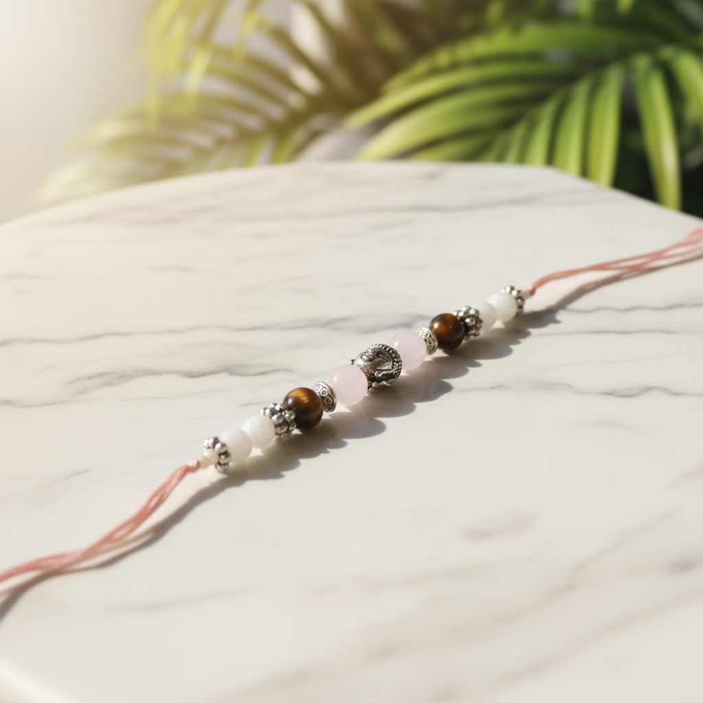 Rose Quartz Tiger Eye Moonstone Rakhi Flat - BG Changed