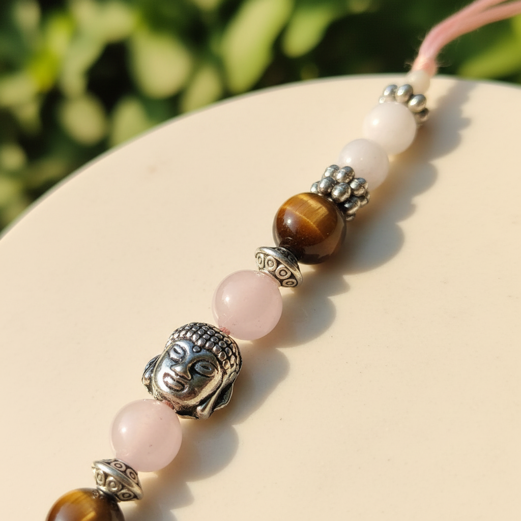Rose Quartz Tiger Eye Moonstone Rakhi Macro - BG Changed