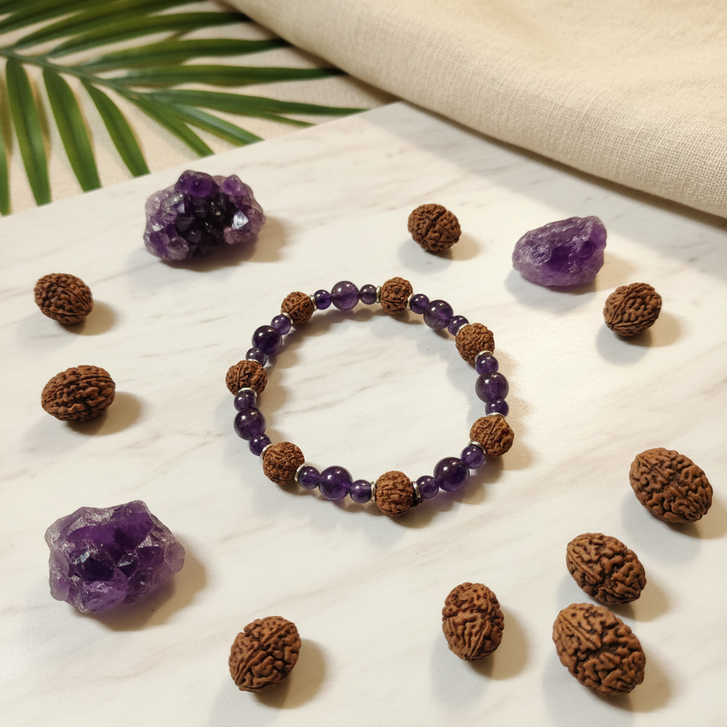 Rudraksha Amethyst - Flat Lay Marble Lifestyle