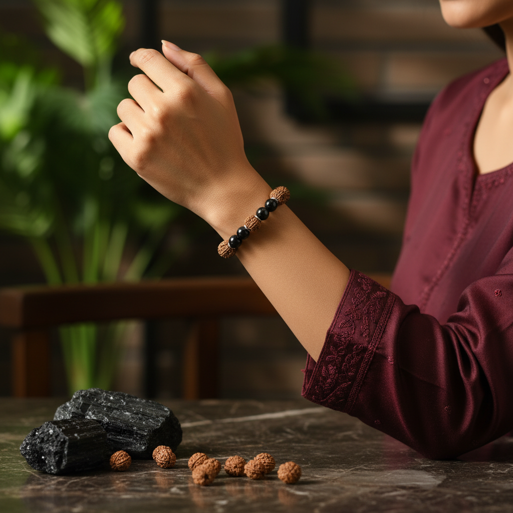 Rudraksha Black Tourmaline - Woman Wearing Lifestyle