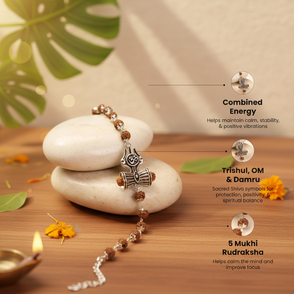 Rudraksha Bracelet Infographic – Premium Lifestyle Background with All 3 Features