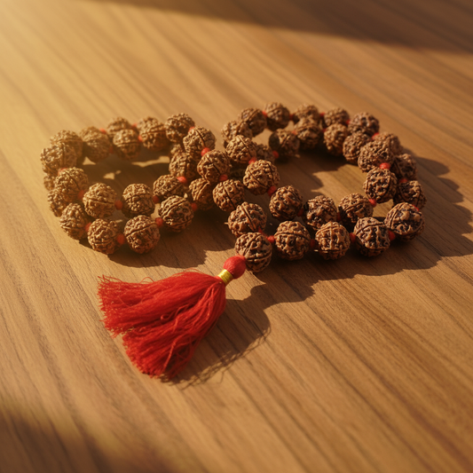 Rudraksha Mala Flat Lay – Lifestyle Shot 1