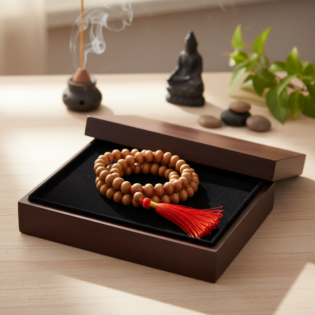Rudraksha Mala in Box - Angled View